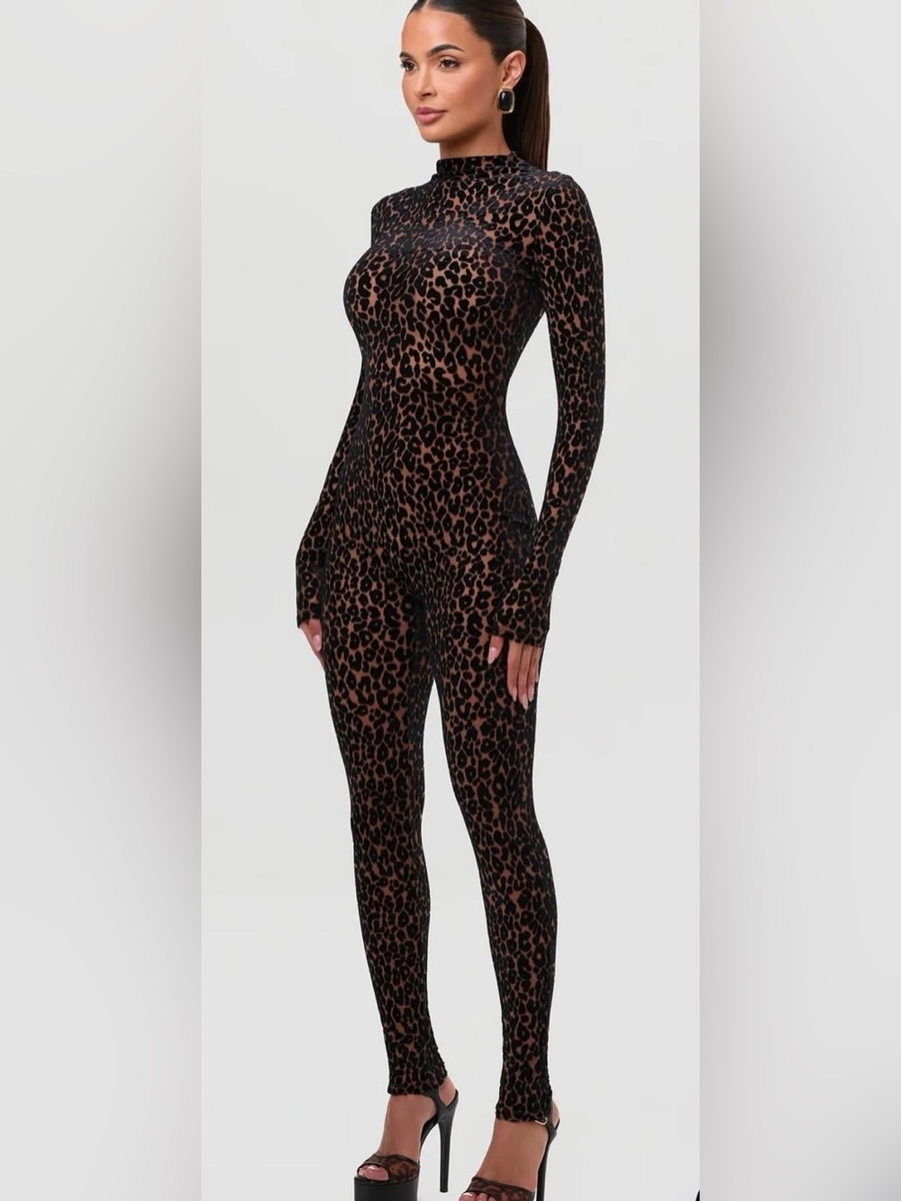 Women's Leopard Print Long-Sleeve Jumpsuit - Brown/Black